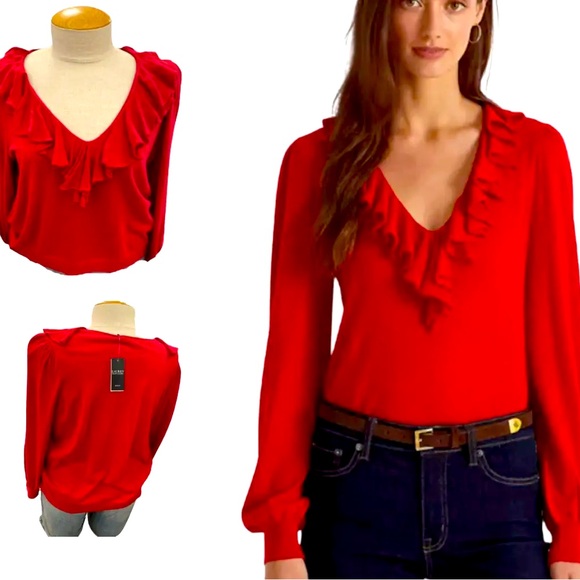 Lauren Ralph Lauren Valentines Red Ruffle Trim Jersey Sweater Size 1X(108) - Picture 1 of 10